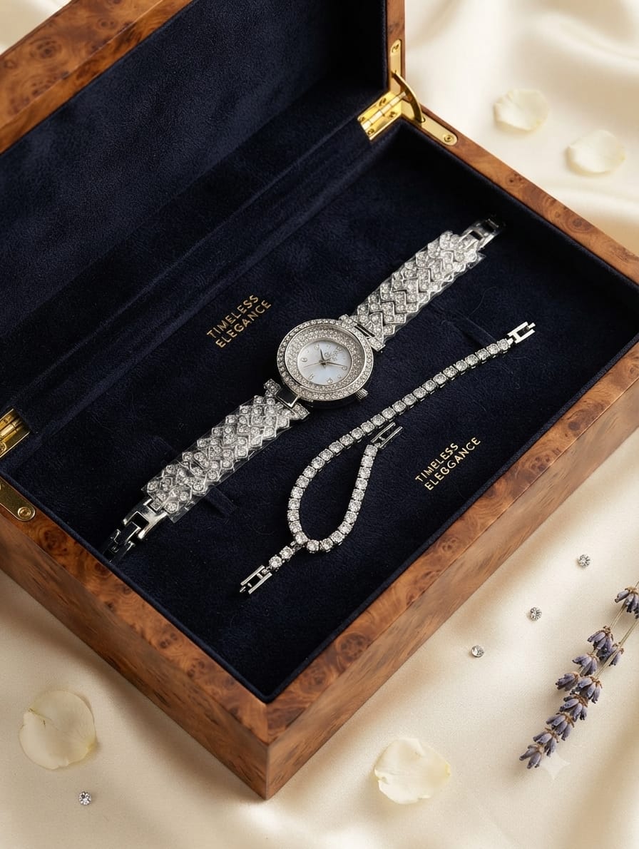 Silver Crystal Watch Gift Set With Wooden Box