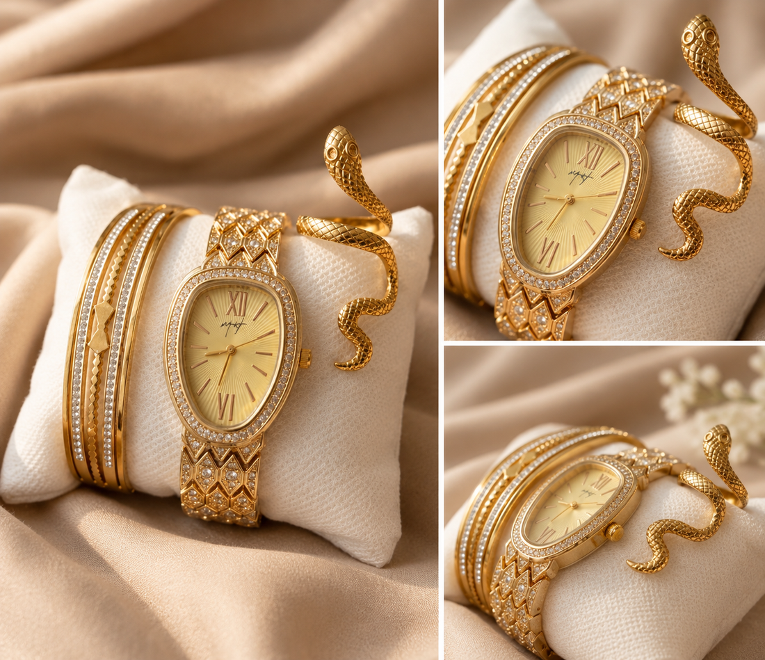 Luxury Gold Watch & Bangle Set for Women | Oval Zircon Watch with Snake Ring Combo