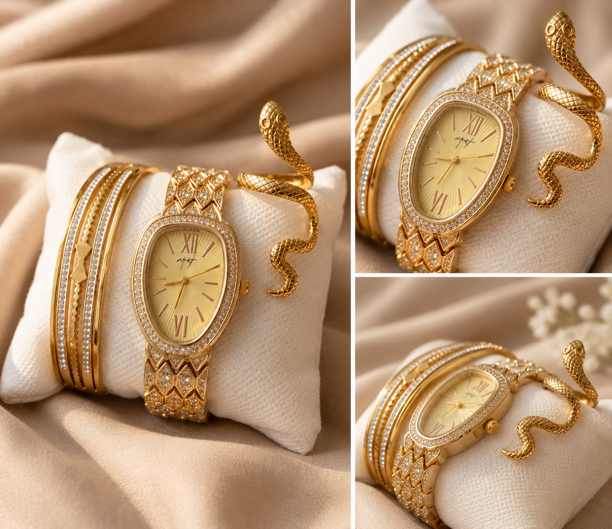 Luxury Gold Watch & Bangle Set for Women | Oval Zircon Watch with Snake Ring Combo