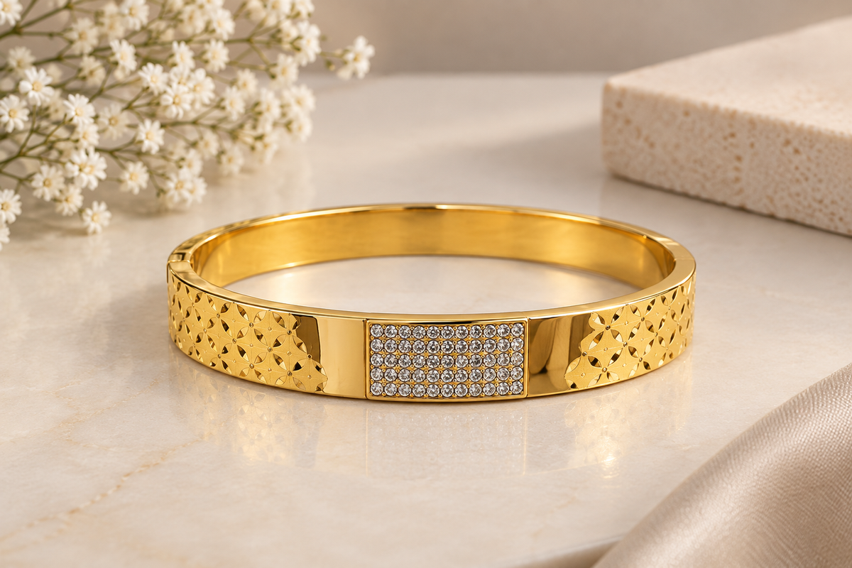 Textured Gold Bangle With Crystal Bar Detail