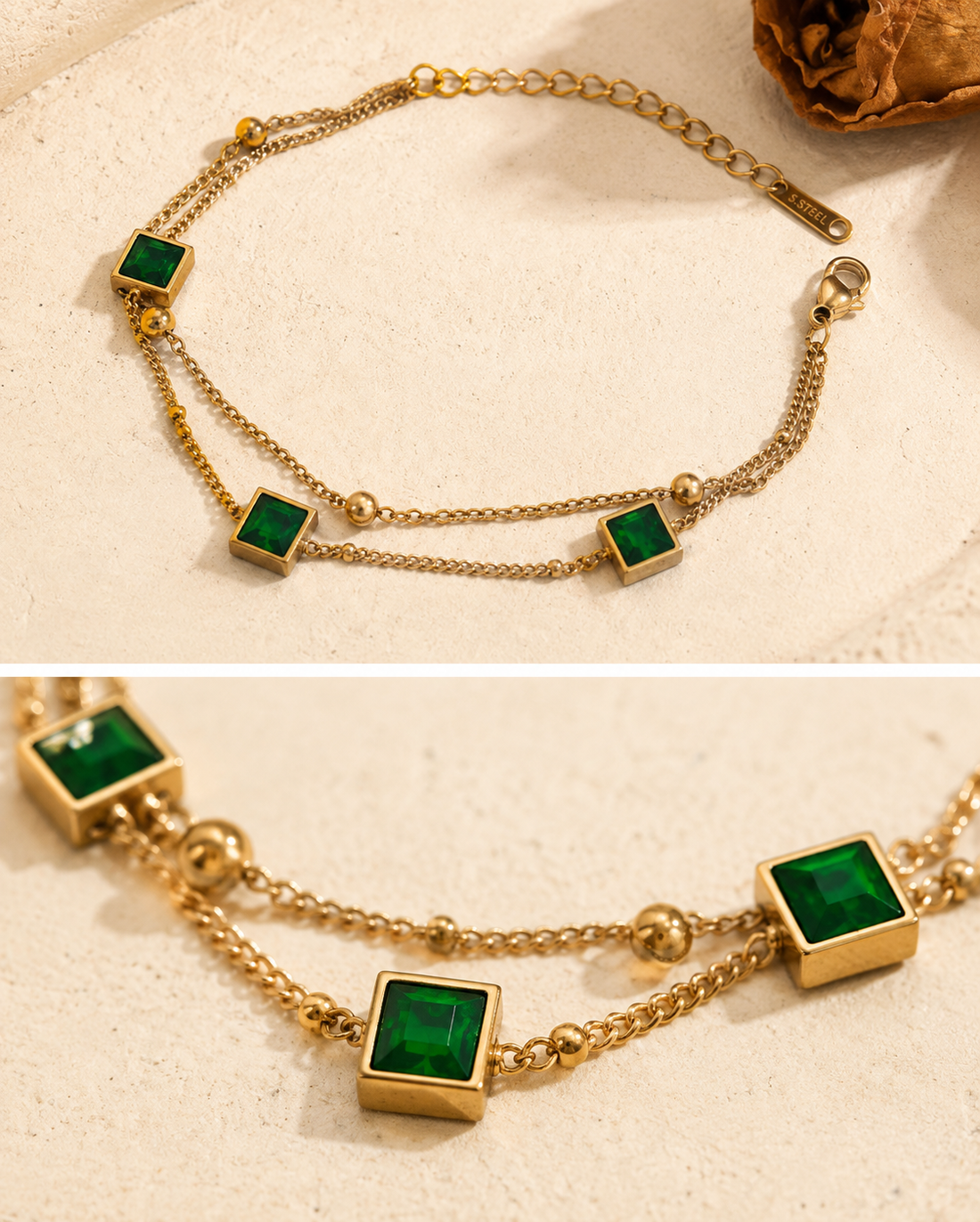 Green Stone Layered Chain Bracelet