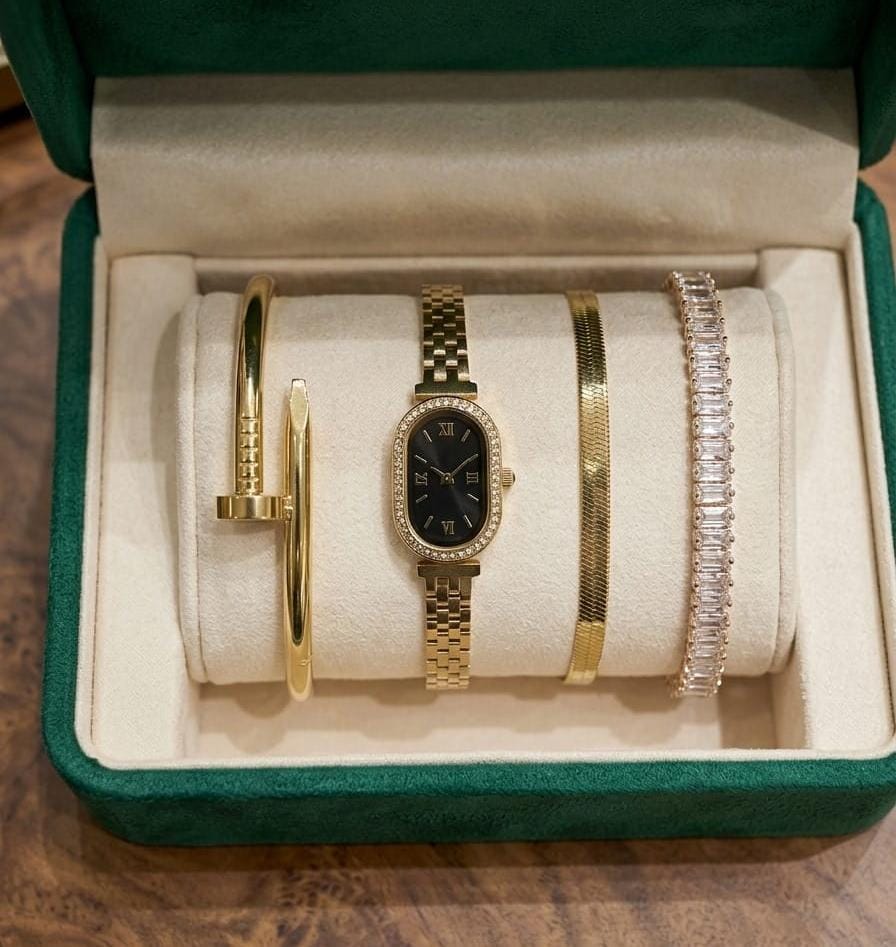 Diamond Bezel Watch & Bangle Stack Set – 4 Piece
