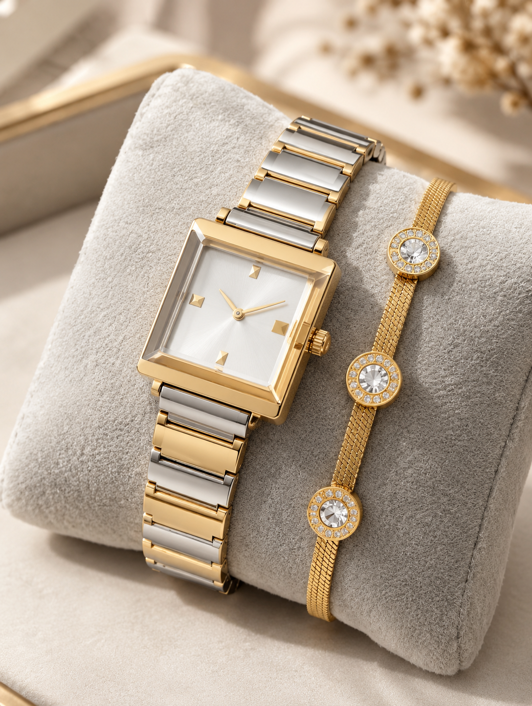 Luxury Two-Tone Gold & Silver Watch with Crystal Bracelet Set for Women ✨