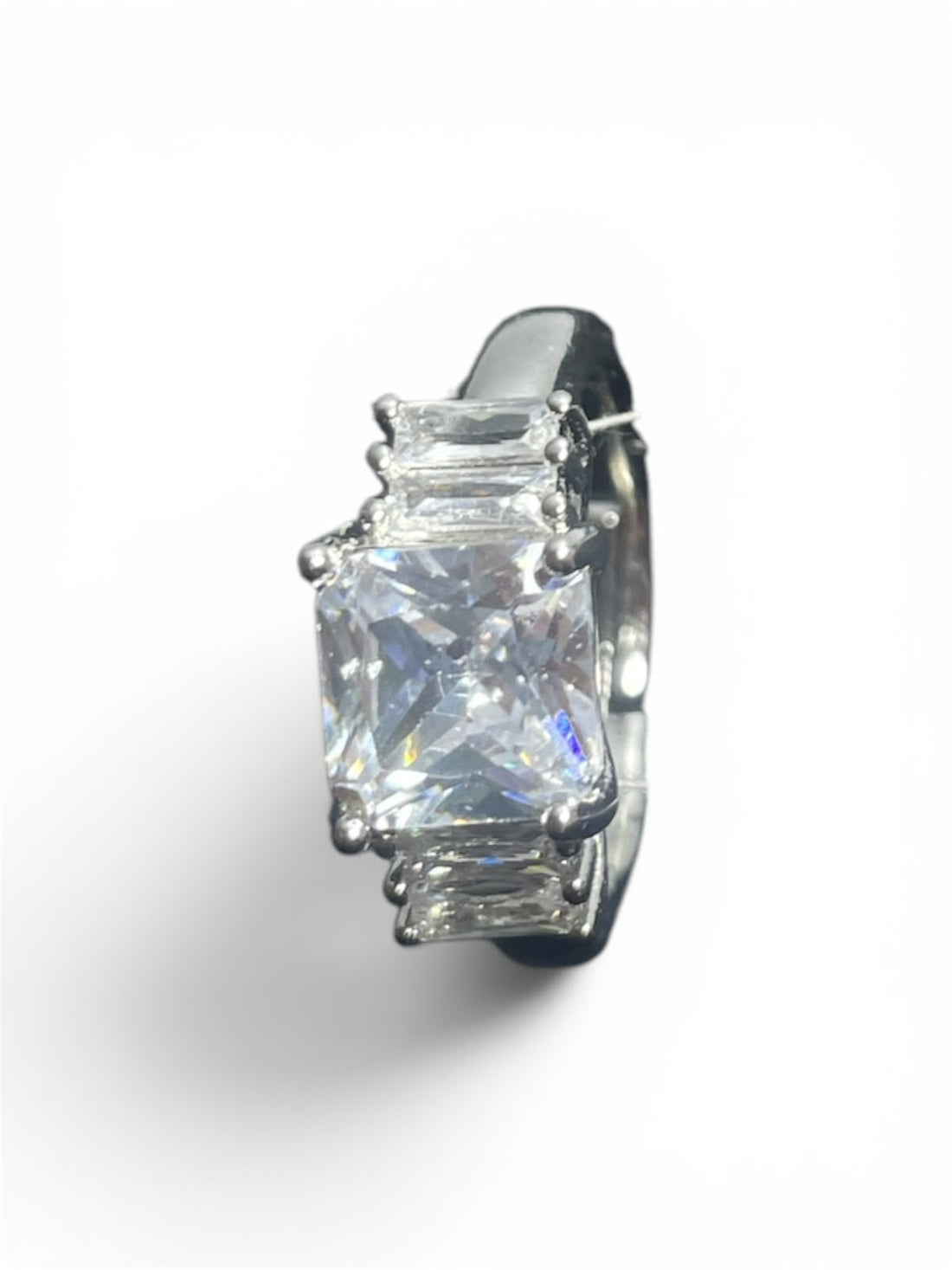 Silver Radient Cut Three Stone Ring