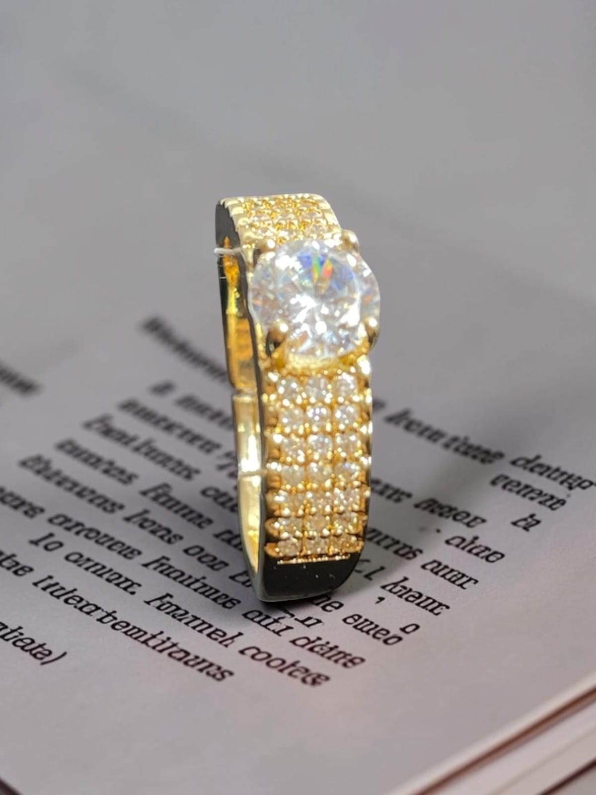 Gold Wide Pave Band Ring With Solitaire
