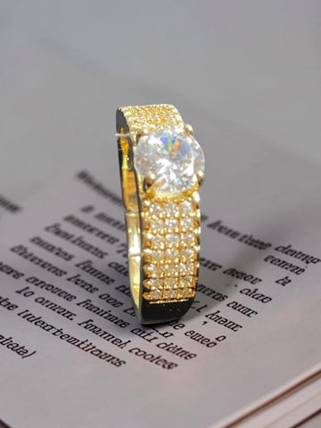 Gold Wide Pave Band Ring With Solitaire