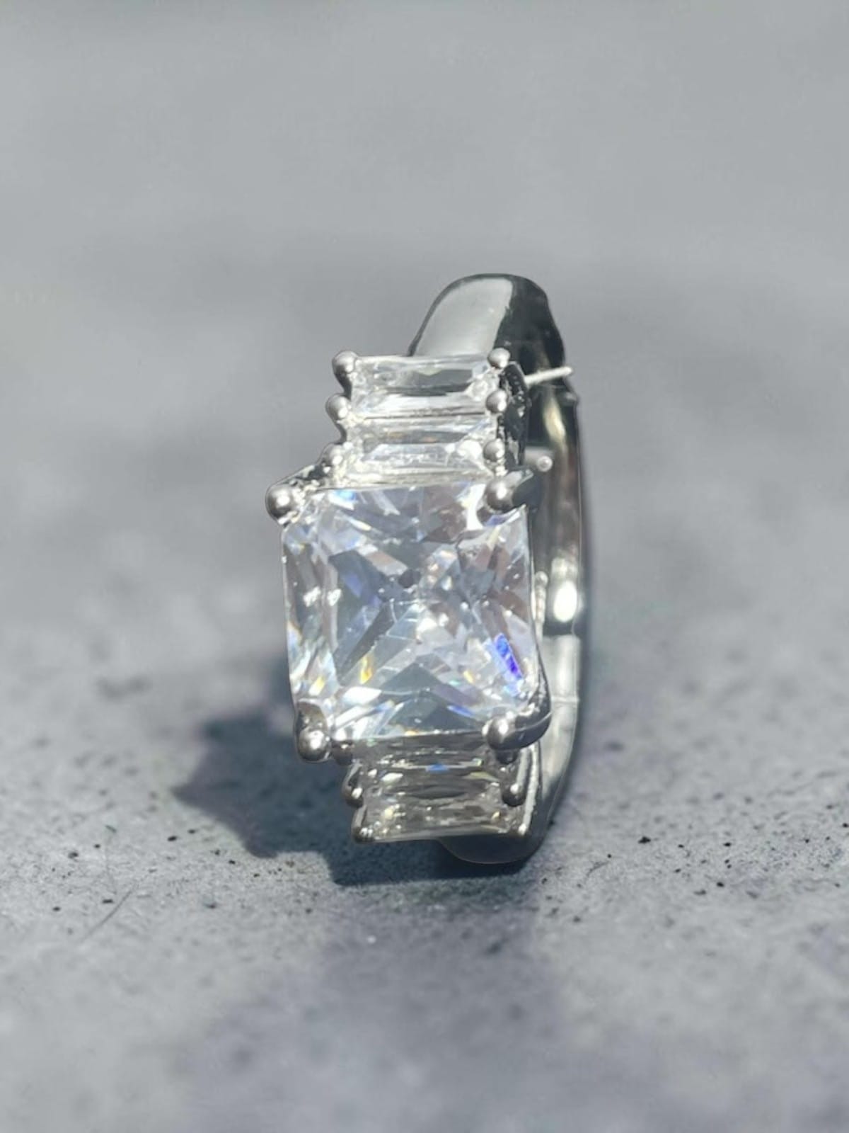 Silver Radient Cut Three Stone Ring