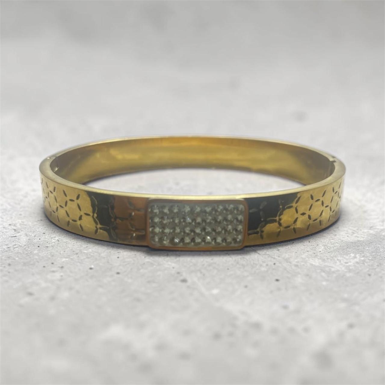 Textured Gold Bangle With Crystal Bar Detail