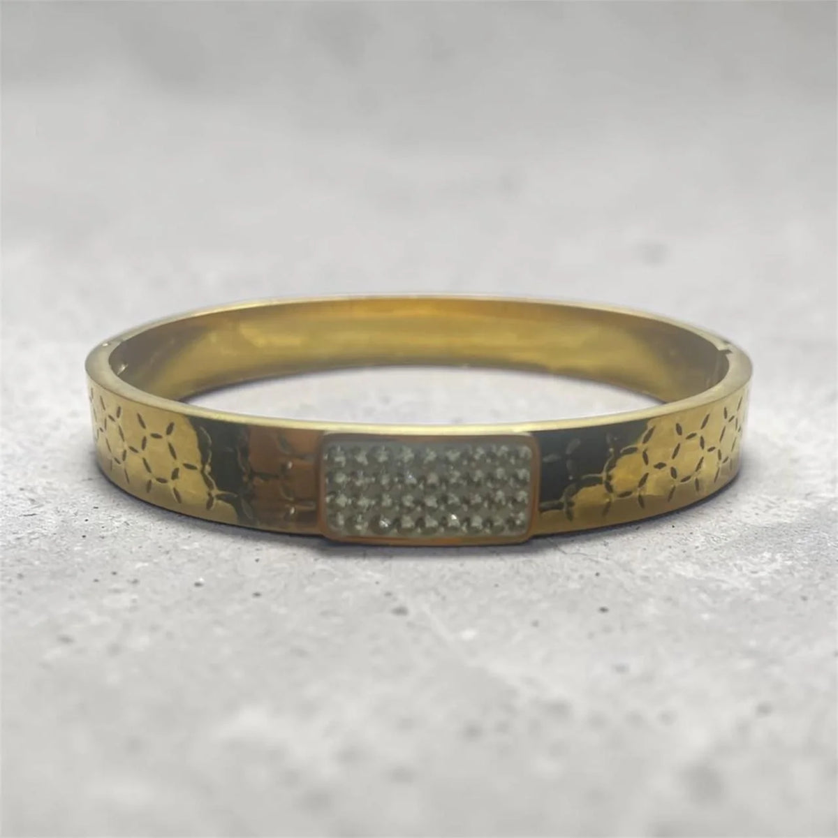 Textured Gold Bangle With Crystal Bar Detail