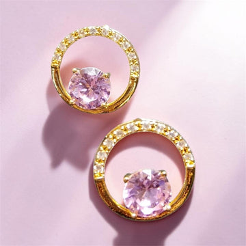 Gold-Tone Open Circle Stud Earrings With Pink Stone