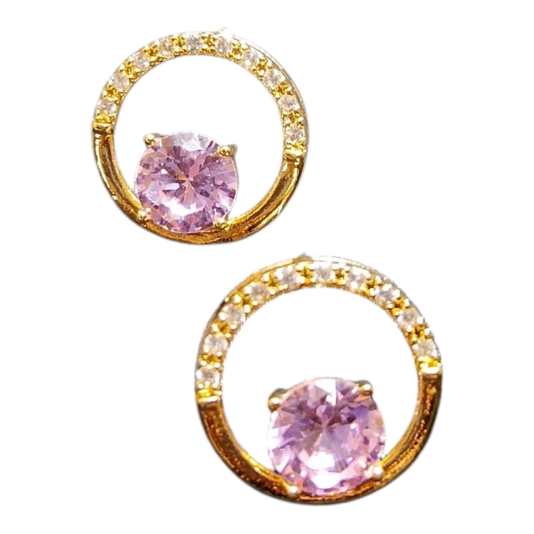 Gold-Tone Open Circle Stud Earrings With Pink Stone
