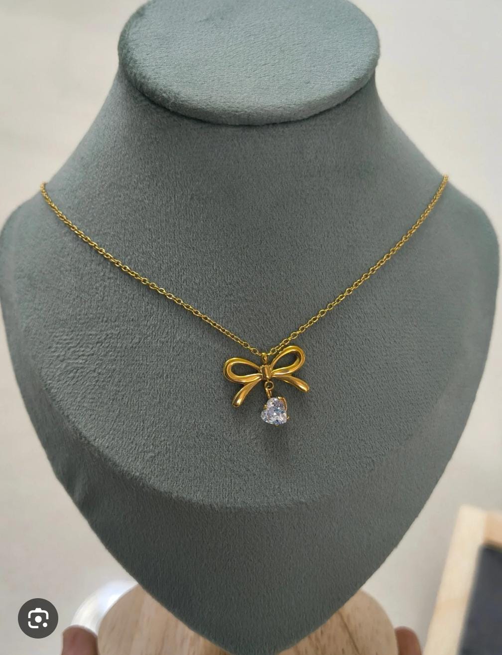 Gold Bow Heart Crystal Pendant Necklace