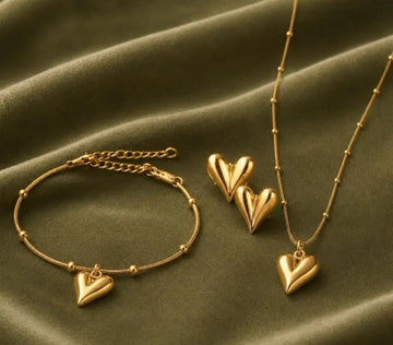 Golden Puffy Heart 3-Piece Jewellery Set