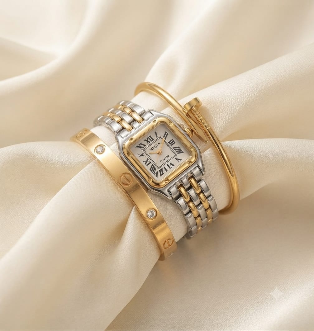 Two-Tone Watch & Bangle Stack Set