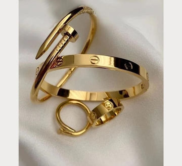 Golden Nail Bangle & Ring Stack Set - 3 Piece
