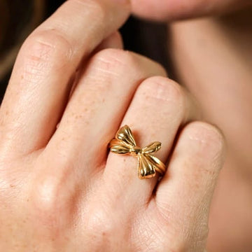 Gold Bow Ring with Crystal Drop