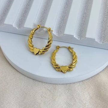Twisted Gold Hoop Earrings with Heart Charm