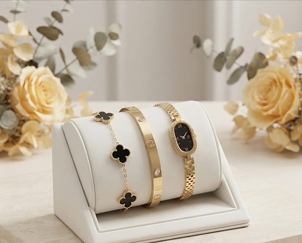 Essential Elegance Watch & Clover Bracelet Set