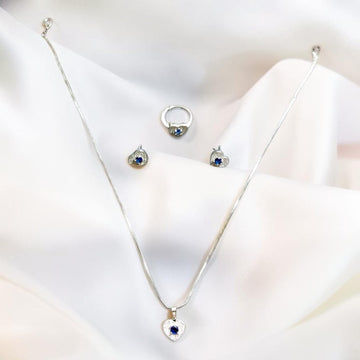 Silver Sapphire Heart Necklace, Ring & Earrings Set