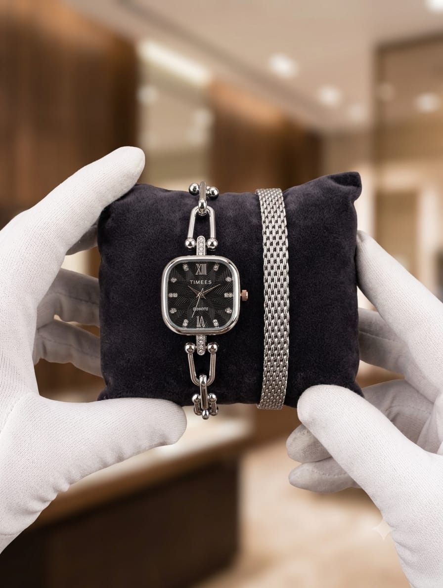 Silver Crystal Watch & Mesh Bracelet Combo