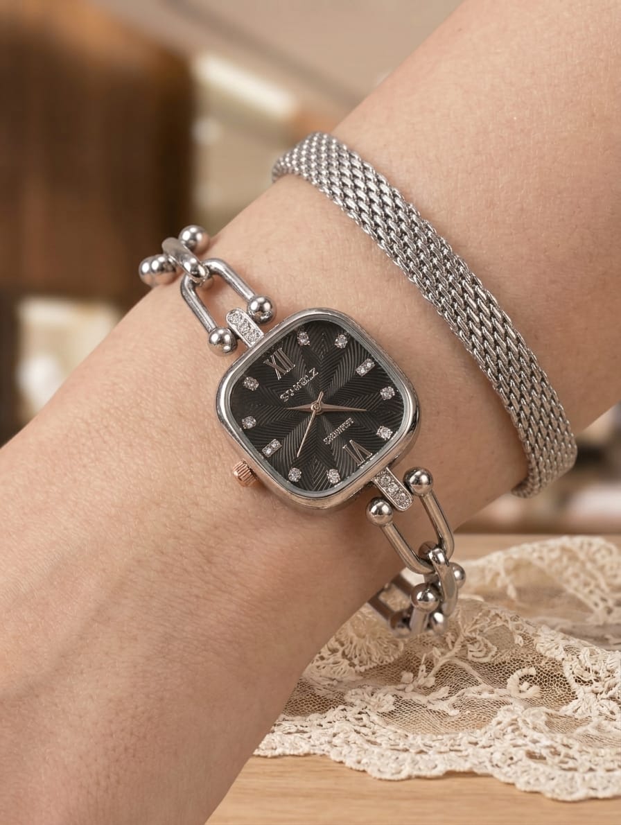Silver Crystal Watch & Mesh Bracelet Combo
