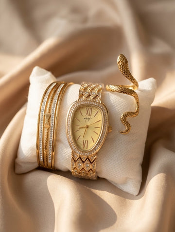 Luxury Gold Watch & Bangle Set for Women | Oval Zircon Watch with Snake Ring Combo