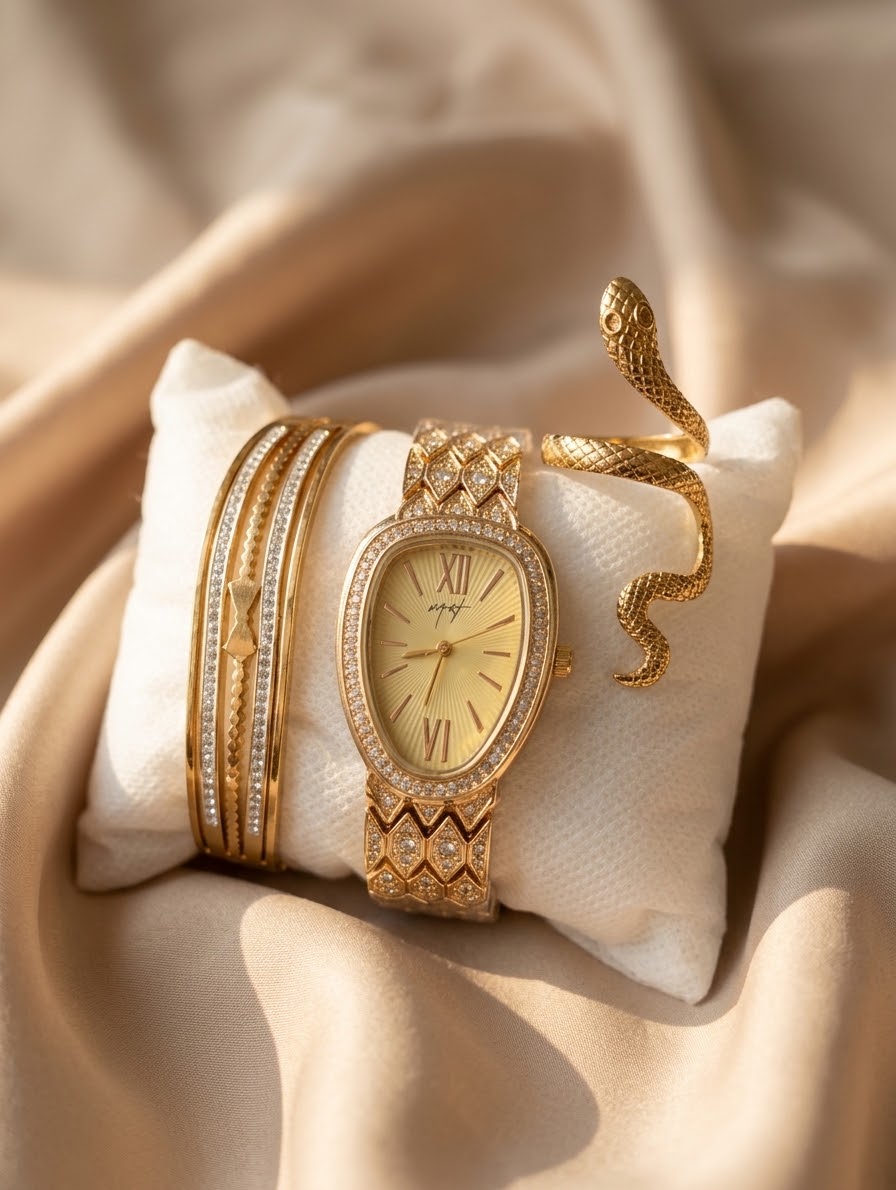 Luxury Gold Watch & Bangle Set for Women | Oval Zircon Watch with Snake Ring Combo