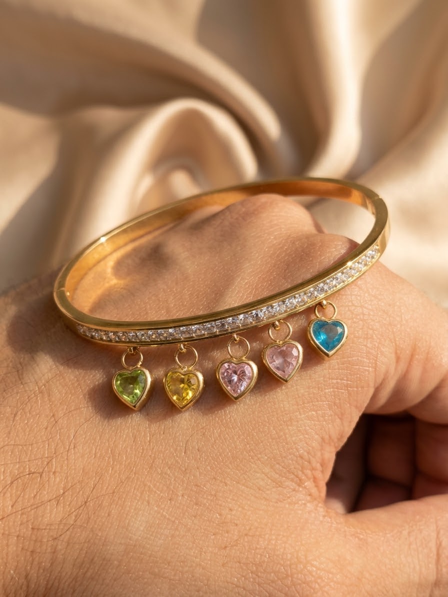 Rainbow Heart Charm Bangle Bracelet for Women | Gold Plated Zircon Studded Bangle