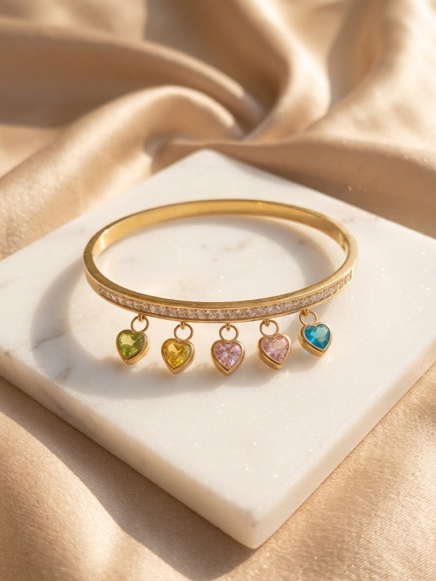 Rainbow Heart Charm Bangle Bracelet for Women | Gold Plated Zircon Studded Bangle