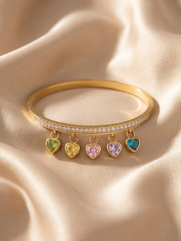 Rainbow Heart Charm Bangle Bracelet for Women | Gold Plated Zircon Studded Bangle