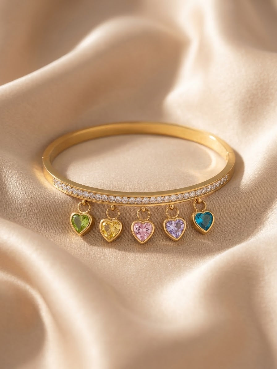 Rainbow Heart Charm Bangle Bracelet for Women | Gold Plated Zircon Studded Bangle