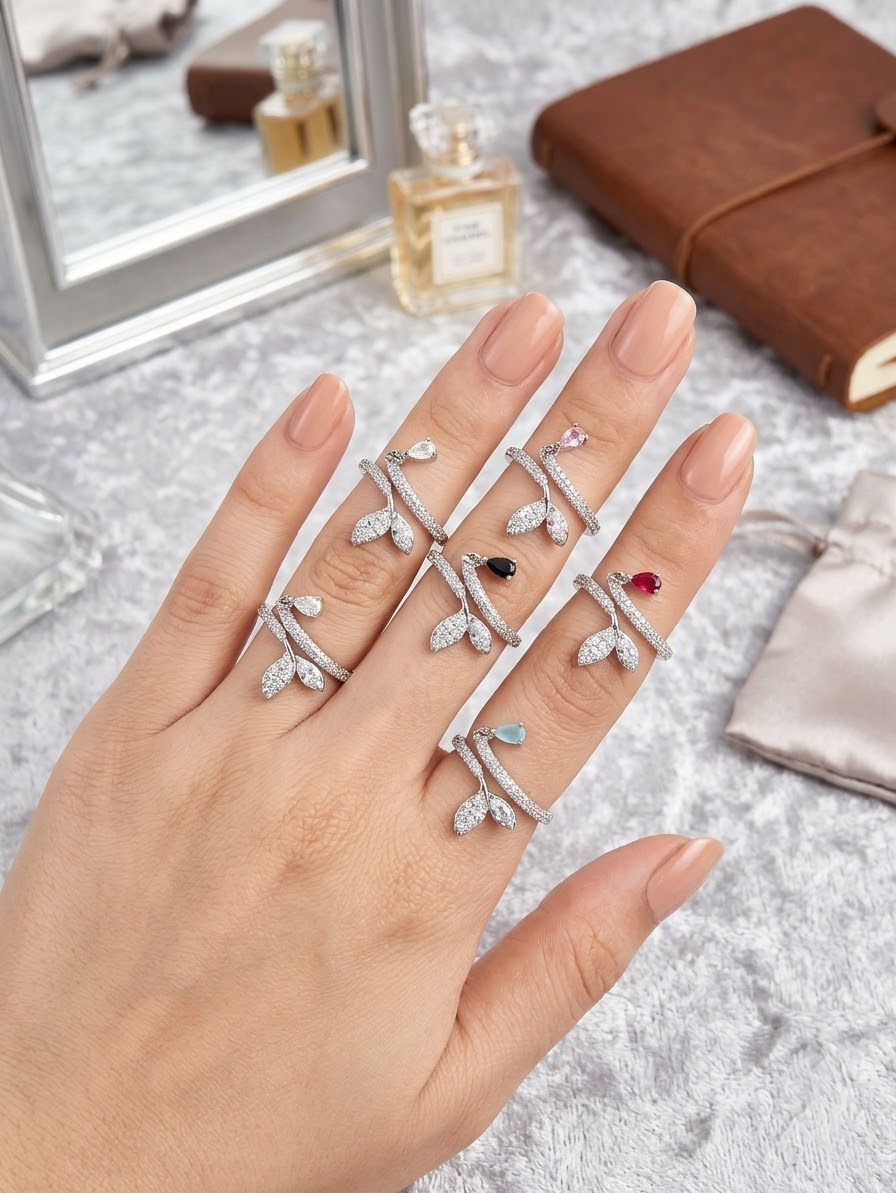 Adjustable Leaf Wrap Ring for Women | Zircon Studded Open Ring with Teardrop Charm
