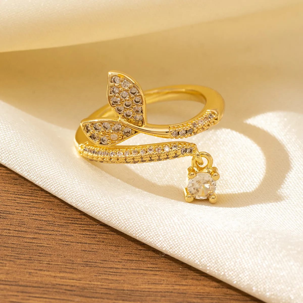 Adjustable Leaf Wrap Ring for Women | Zircon Studded Open Ring with Teardrop Charm