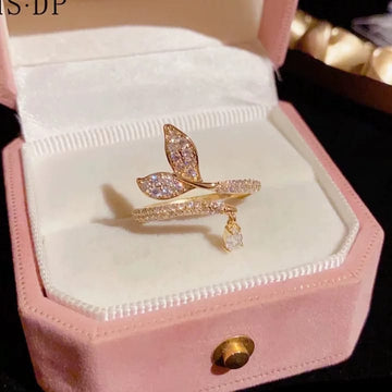 Adjustable Leaf Wrap Ring for Women | Zircon Studded Open Ring with Teardrop Charm
