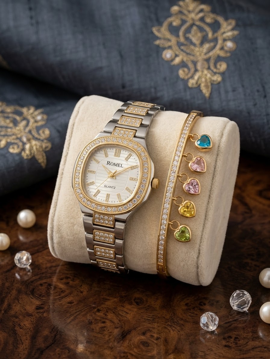 Elegant Ladies Watch & Bracelet Combo | Gold Silver Crystal Studded Quartz Watch