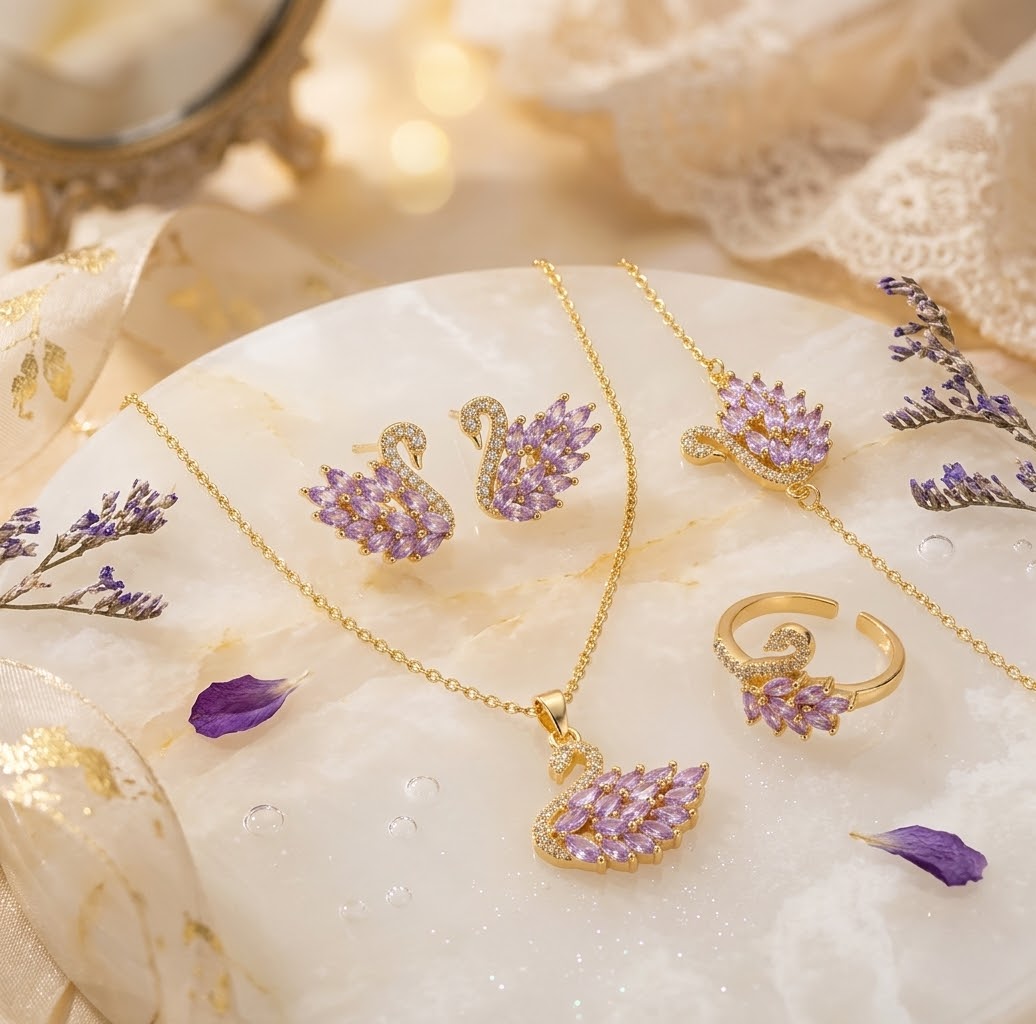 Elegant Swan Jewellery Set | Necklace, Earrings, Bracelet & Ring Combo