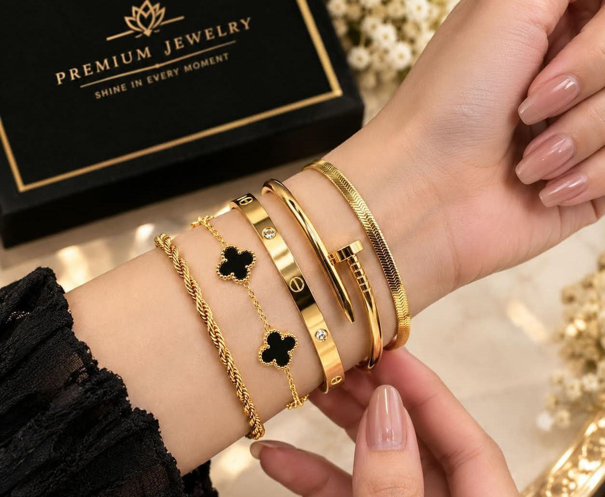 Luxe Gold Bracelet Stack Set | 5-Piece Stainless Steel Bracelets for Women