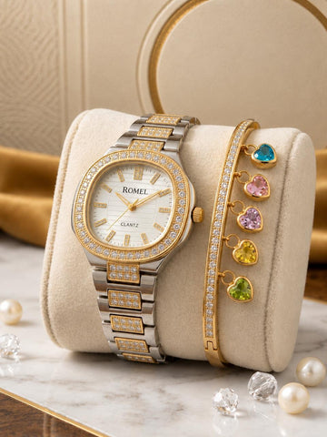 Elegant Ladies Watch & Bracelet Combo | Gold Silver Crystal Studded Quartz Watch