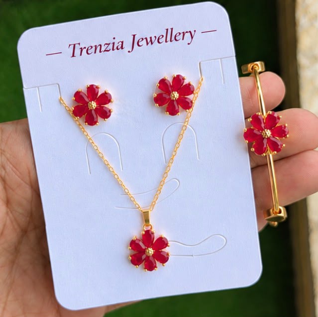 Gold Plated Flower Pendant Set | 3-Piece Crystal Jewellery Combo