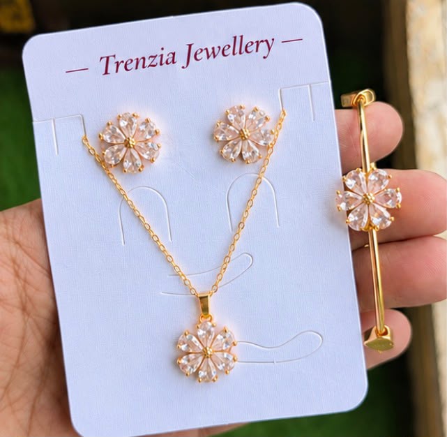 Gold Plated Flower Pendant Set | 3-Piece Crystal Jewellery Combo