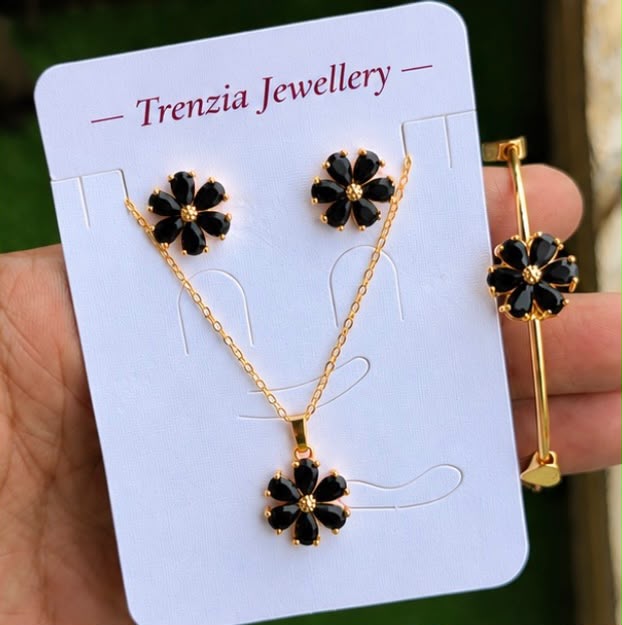 Gold Plated Flower Pendant Set | 3-Piece Crystal Jewellery Combo