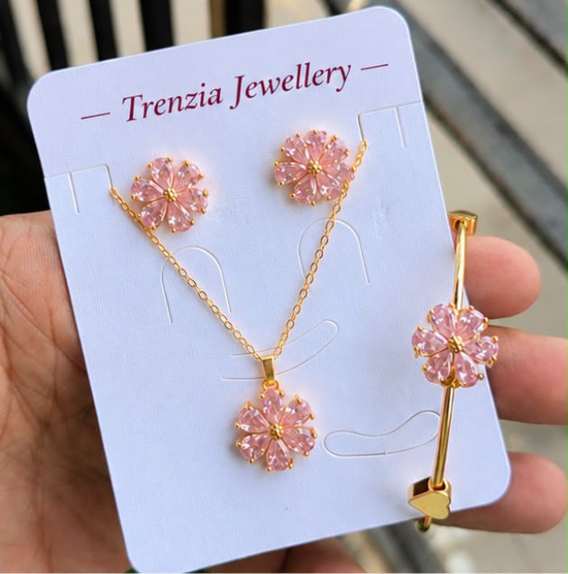 Gold Plated Flower Pendant Set | 3-Piece Crystal Jewellery Combo