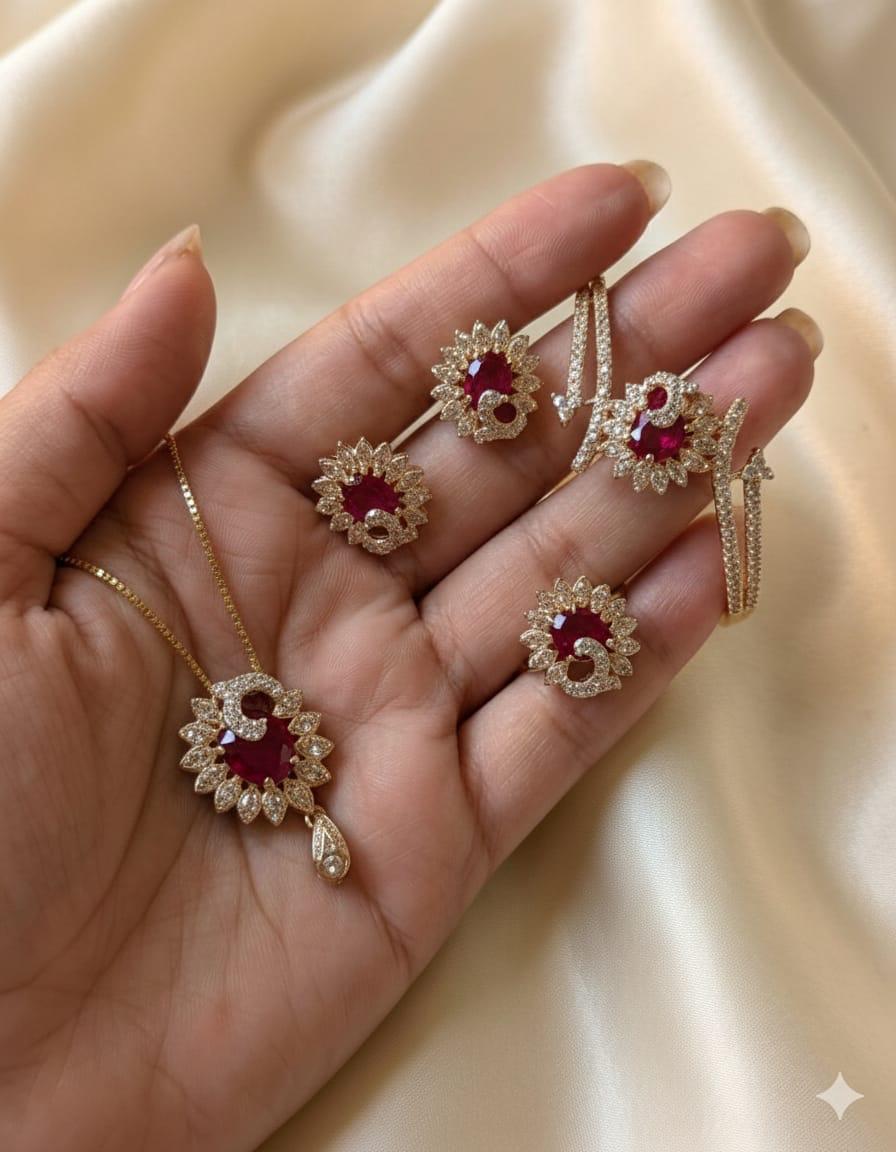 Luxury Ruby Red Zircon Jewelry Set – Gold Plated Ring, Earrings & Pendant Necklace