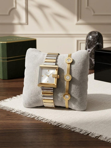 Luxury Two-Tone Gold & Silver Watch with Crystal Bracelet Set for Women ✨