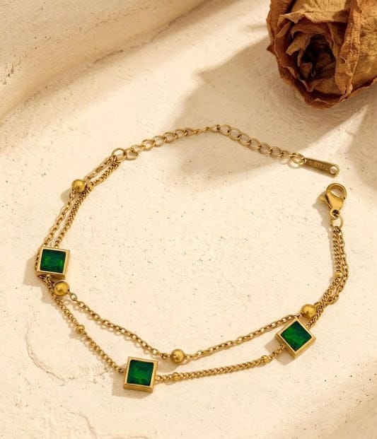 Green Stone Layered Chain Bracelet