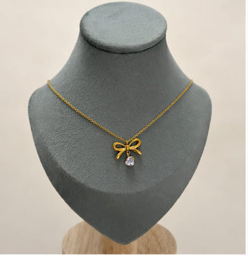 Gold Bow Heart Crystal Pendant Necklace