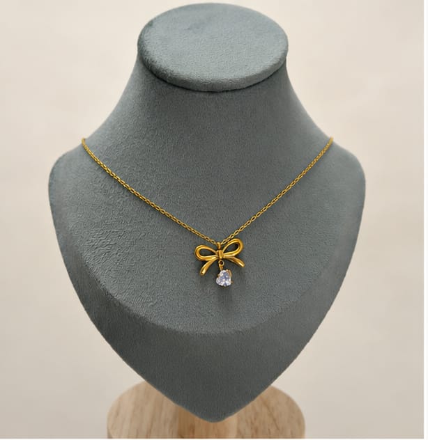 Gold Bow Heart Crystal Pendant Necklace
