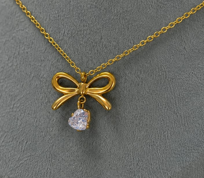 Gold Bow Heart Crystal Pendant Necklace