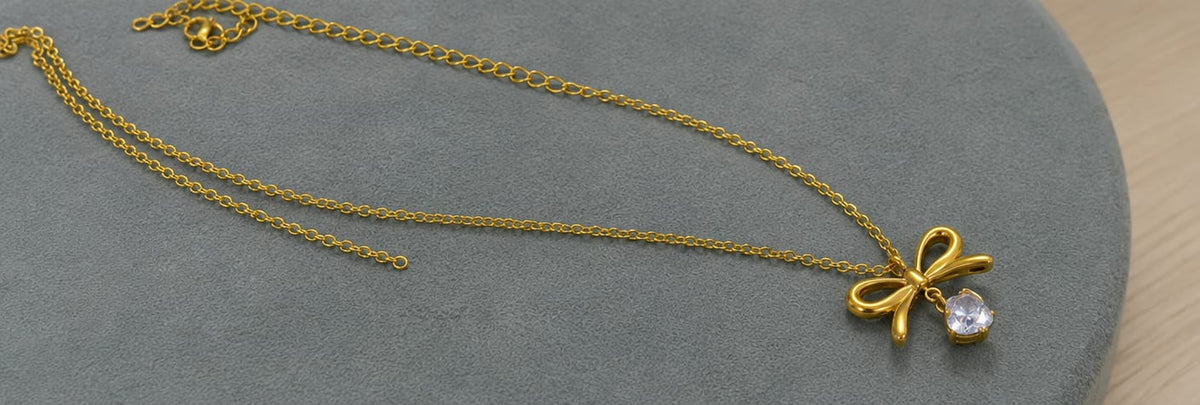 Gold Bow Heart Crystal Pendant Necklace