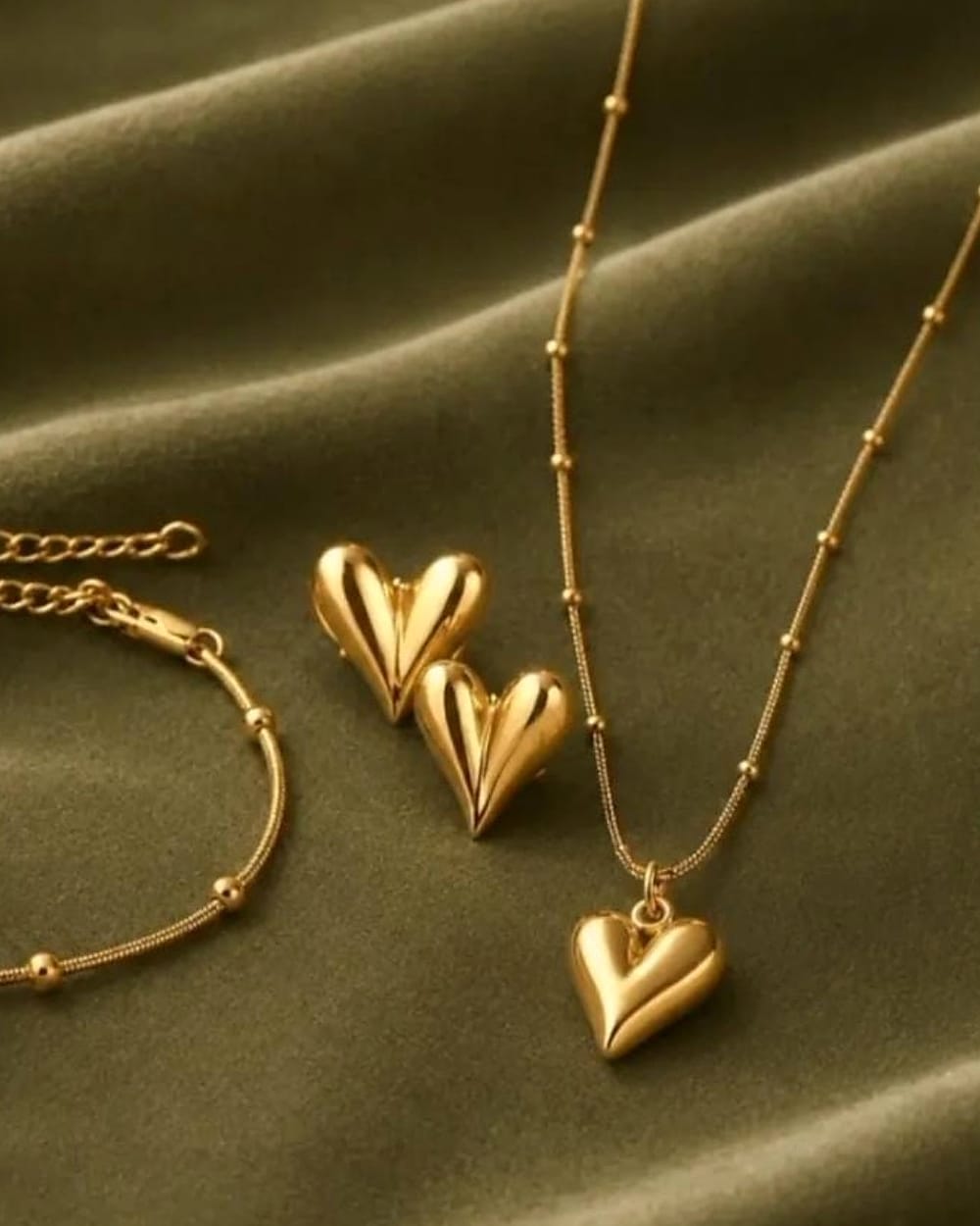 Golden Puffy Heart 3-Piece Jewellery Set